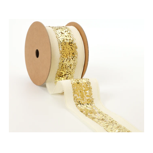 Metallic Striped Ivory Gold Wired Ribbon – 2.5" x 10 Yards, Wreath Ribbon