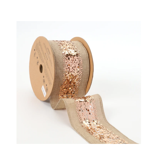 Metallic Striped Natural Bronze Wired Ribbon  – 2.5" x 10 Yards, Wreath Ribbon