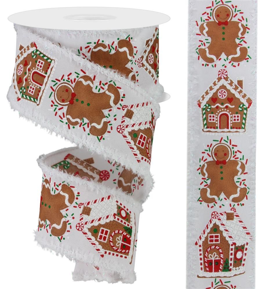 Gingerbread House w/Drift Wired Ribbon – 2.5" x 10 Yards, Holiday Wreath Ribbon,  Craft Supplies