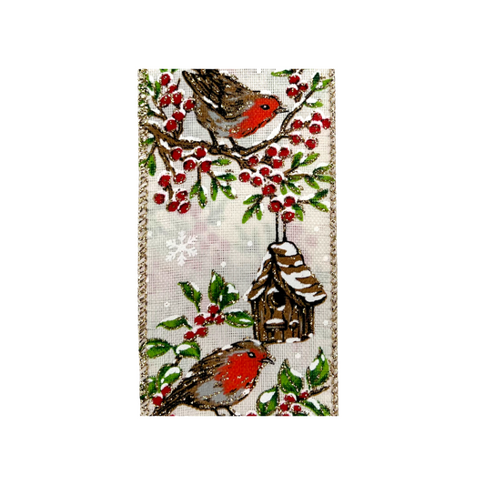 Winter Bird Birdhouse Wired Ribbon by JAS Ribbon – 2.5" x 10 Yards, Wreath Ribbon, Craft Supplies, The Ritzy Cactus