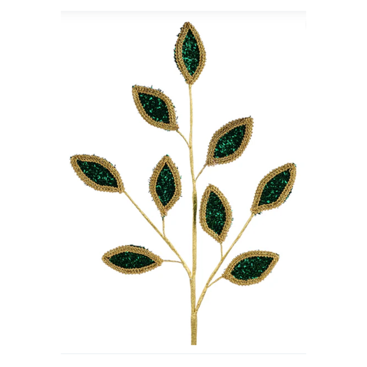 28"L Hunter Green Gold  Vglitter/Lace Leaf Spray Wreath Embellishment