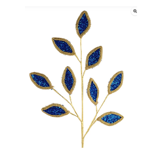 28"L Royal Blue Gold Vglitter/Lace Leaf Spray Wreath Embellishment