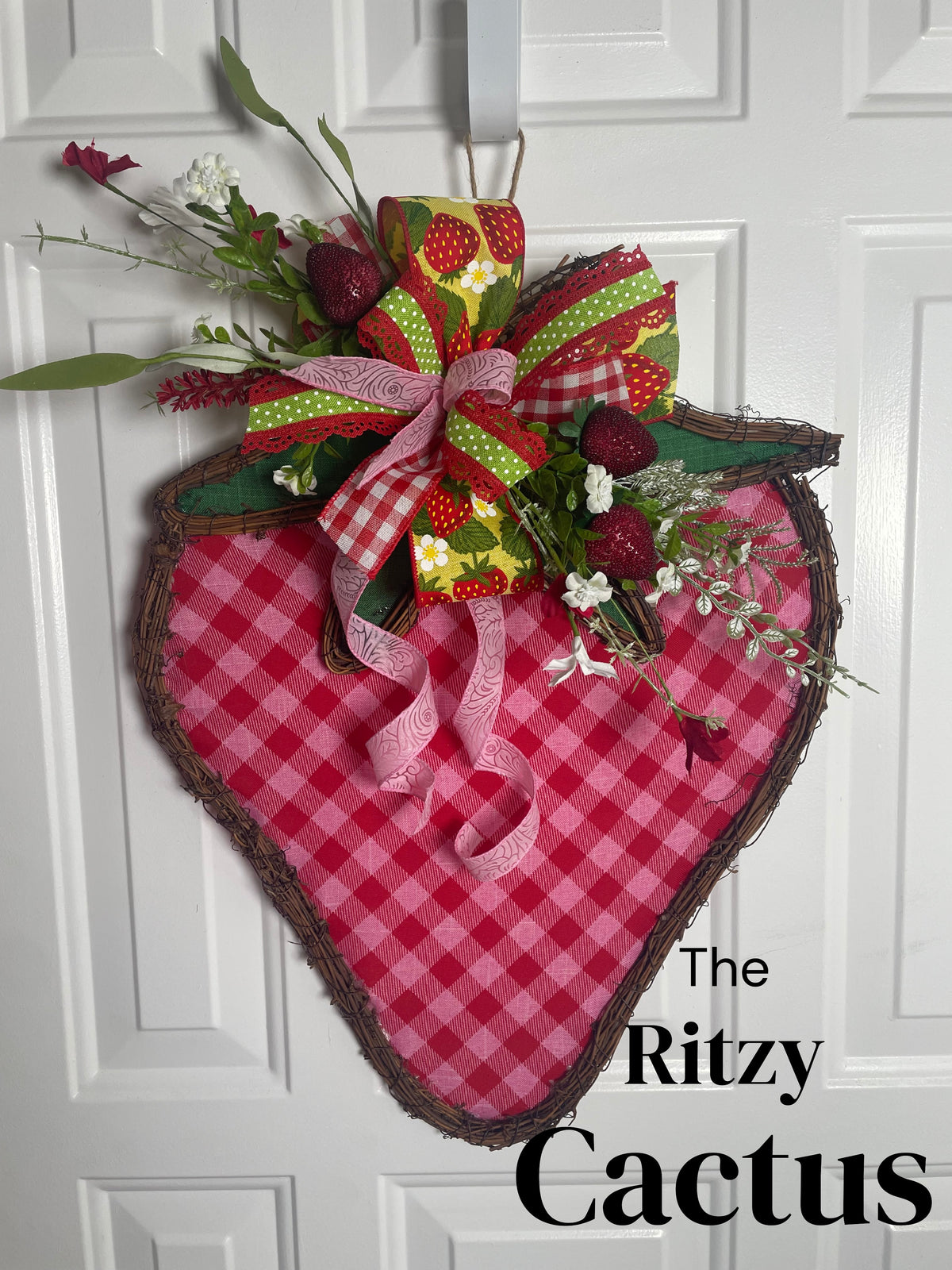 Strawberry Grapevine Fabric Wreath Door Decoration Yellow Ribbon - 14 x 21 Inches – One-of-a-Kind Summer Décor