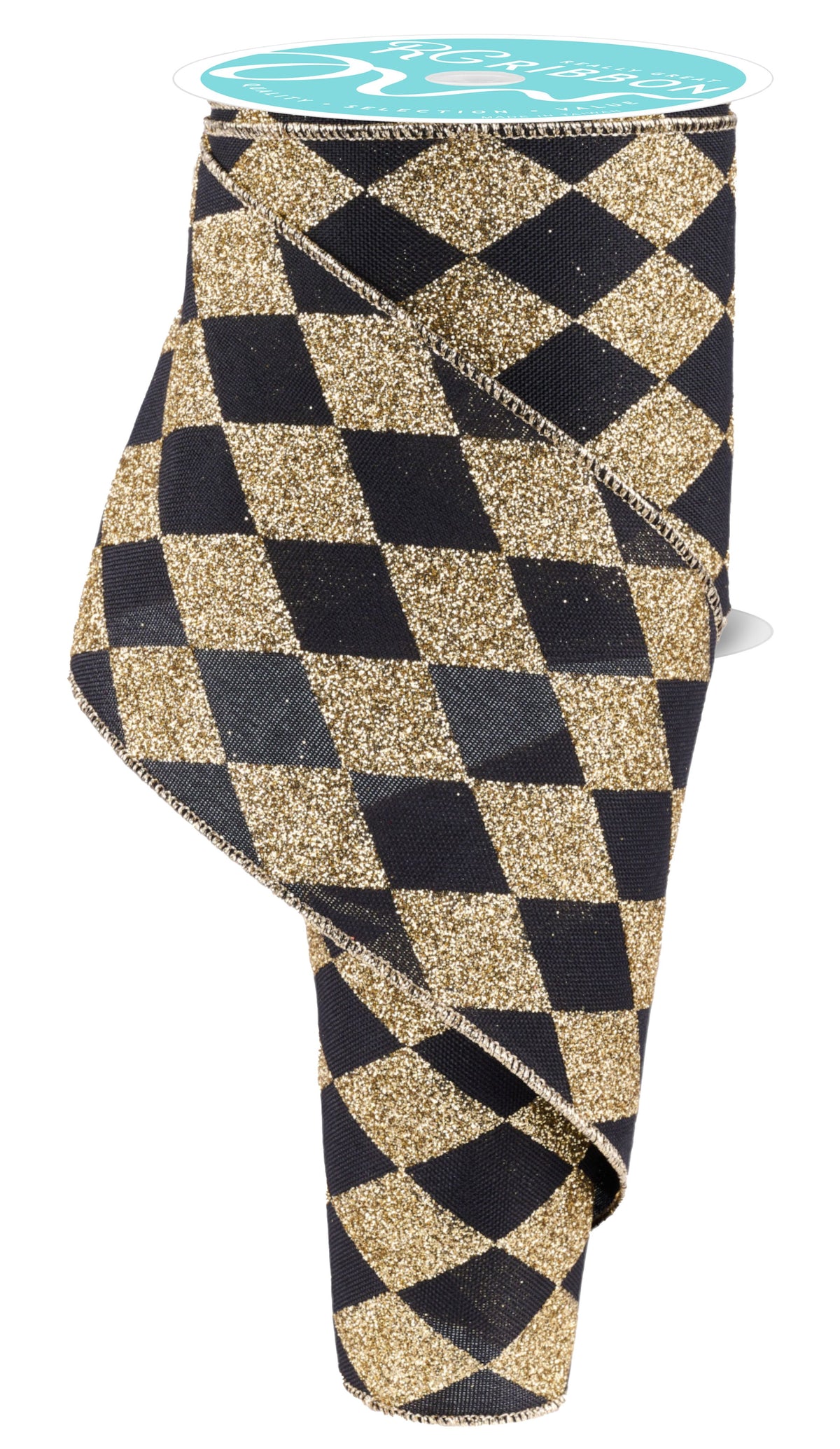 Black & Gold Glitter Harlequin Check Wired Ribbon – 4.0" x 10 Yards, Holiday Wreath Ribbon, Elegant Ribbon, Craft Supplies