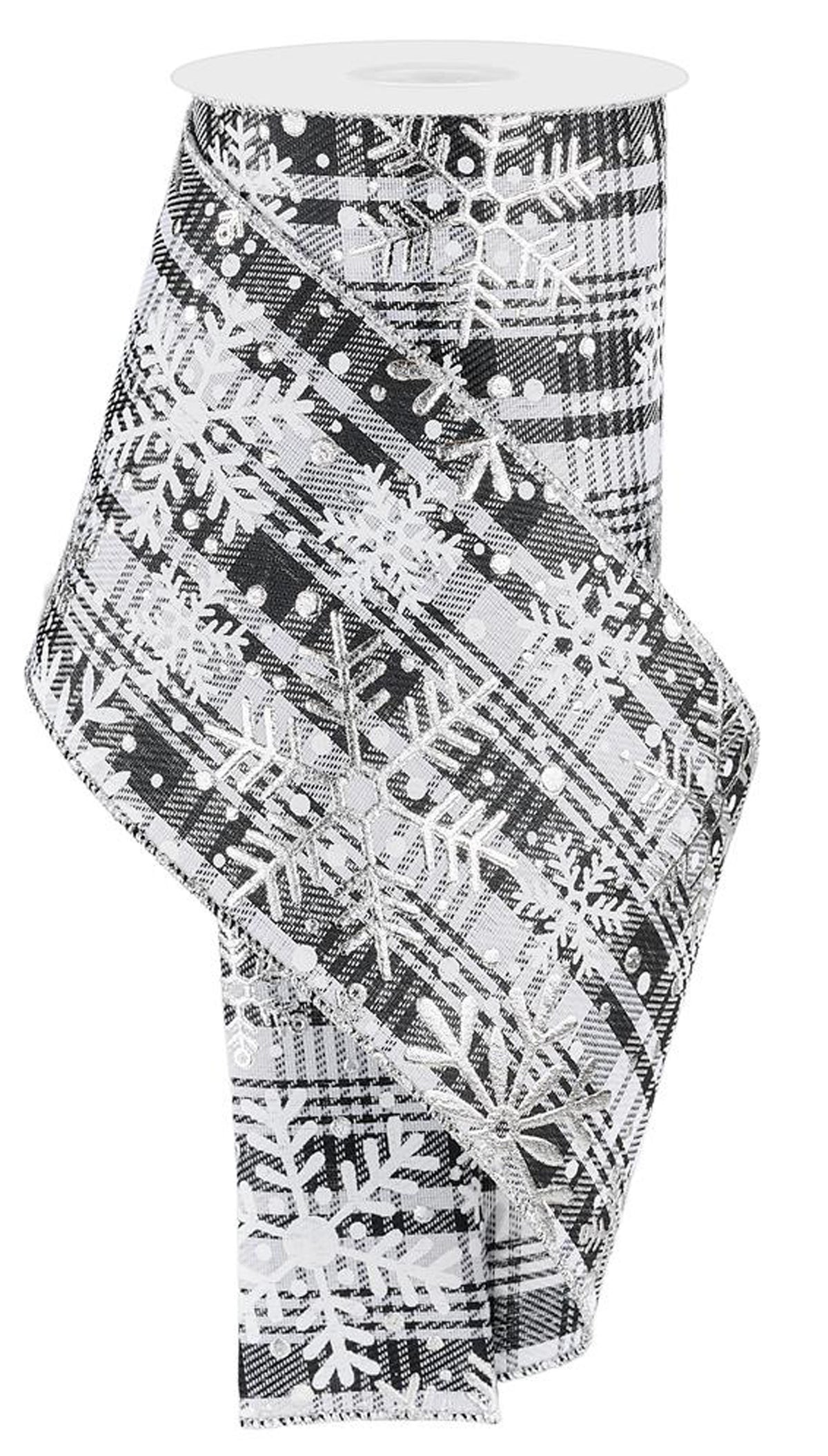 Black & White Plaid Snowflake Wired Ribbon– 4.0" x 10 Yards, Holiday Wreath Ribbon, Winter Wreath Ribbon, Craft Supplies
