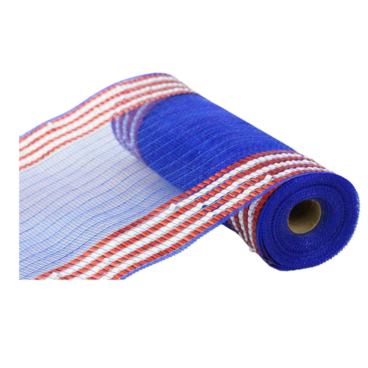 Blue Base With Foiled Red & White Striped Border Edge Mesh, Deco Patriotic Mesh 10.25 inches x 10yards, DIY Crafts, Wreath Making