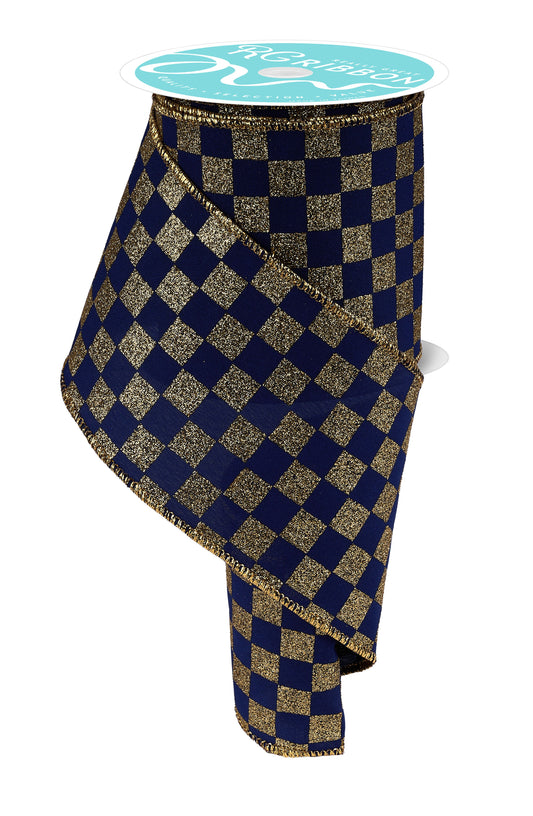 Blue Gold Check Wired Ribbon by RG Ribbon – 4.0" x 10 Yards, Holiday Wreath Ribbon,  Craft Supplies
