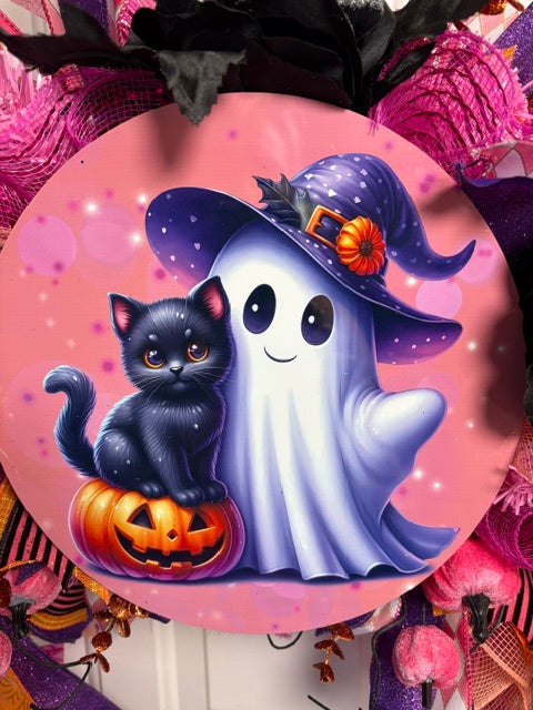 Boujee Pink & Orange Arched Swag Halloween Wreath – Cute Spooky Door Décor with Glitter Grass and Black Roses