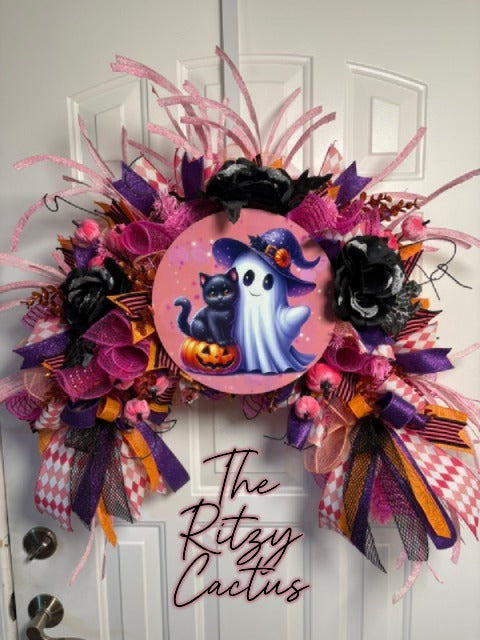 Boujee Pink & Orange Arched Swag Halloween Wreath – Cute Spooky Door Décor with Glitter Grass and Black Roses