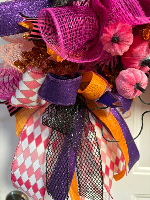 Boujee Pink & Orange Arched Swag Halloween Wreath – Cute Spooky Door Décor with Glitter Grass and Black Roses
