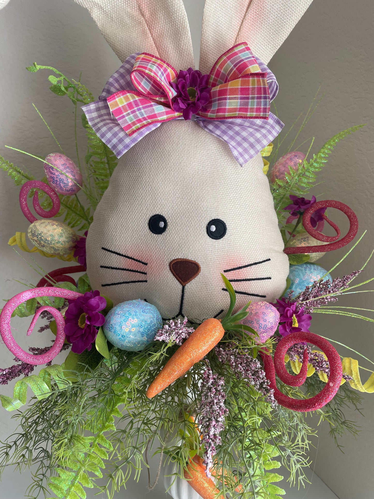 Easter Bunny Pedestal Floral Tabletop Decoration 28 Inches - One of a Kind Easter Decor Tabletop Wreath