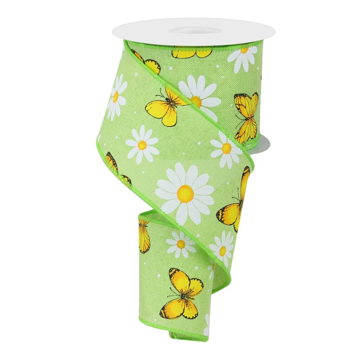 Daisy & Butterfly Spring Green Wired Ribbon  – 2.5" x 10 Yards, Summer Everyday Wreath Ribbon,  Craft Supplies