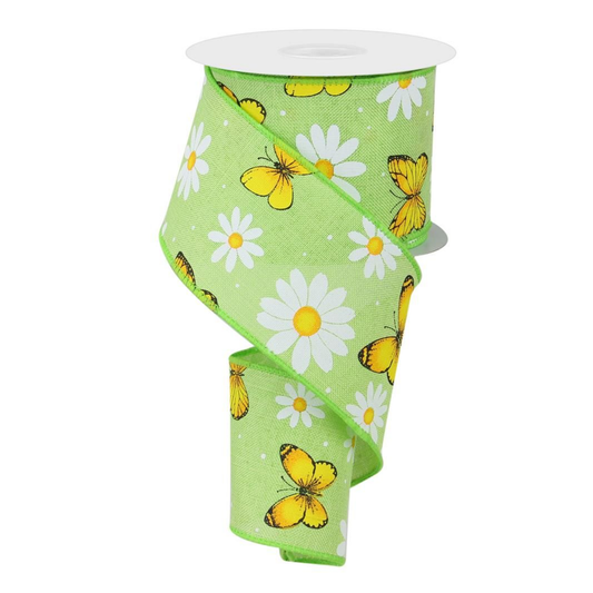 Daisy & Butterfly Spring Green Wired Ribbon  – 2.5" x 10 Yards, Summer Everyday Wreath Ribbon,  Craft Supplies