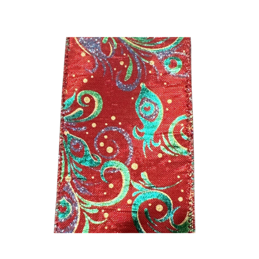 Red Teal Green Swirl Holiday Wired Ribbon by JAS Ribbon – 2.5" x 10 Yards, Wreath Ribbon, Craft Supplies, The Ritzy Cactus