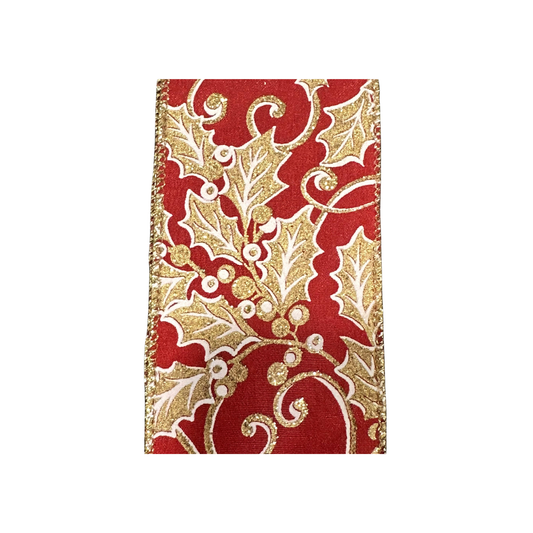 Red Gold Holly Wired Ribbon by JAS Ribbon – 2.5" x 10 Yards, Wreath Ribbon, Craft Supplies, The Ritzy Cactus