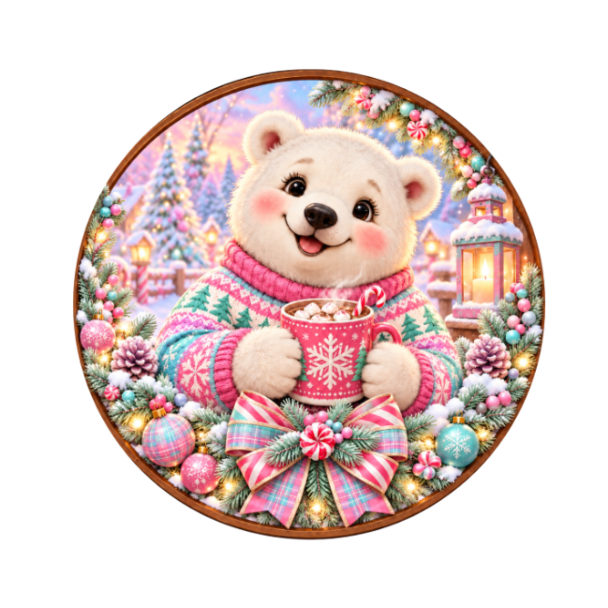 10" Candyland Polar Bear Metal Wreath Sign,  Christmas Wreath Sign