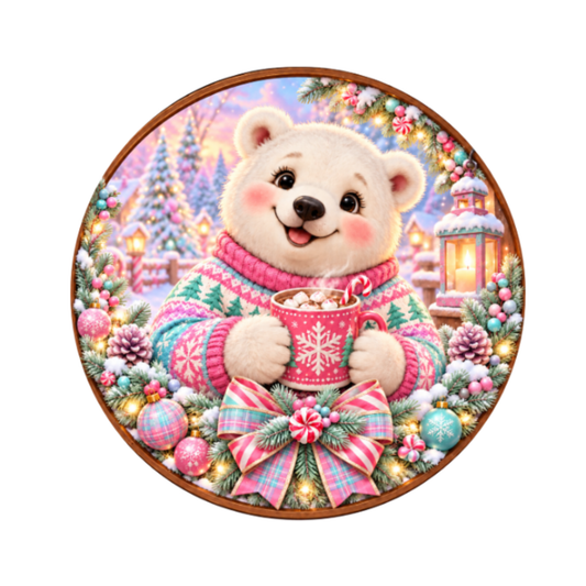 10" Candyland Polar Bear Metal Wreath Sign,  Christmas Wreath Sign