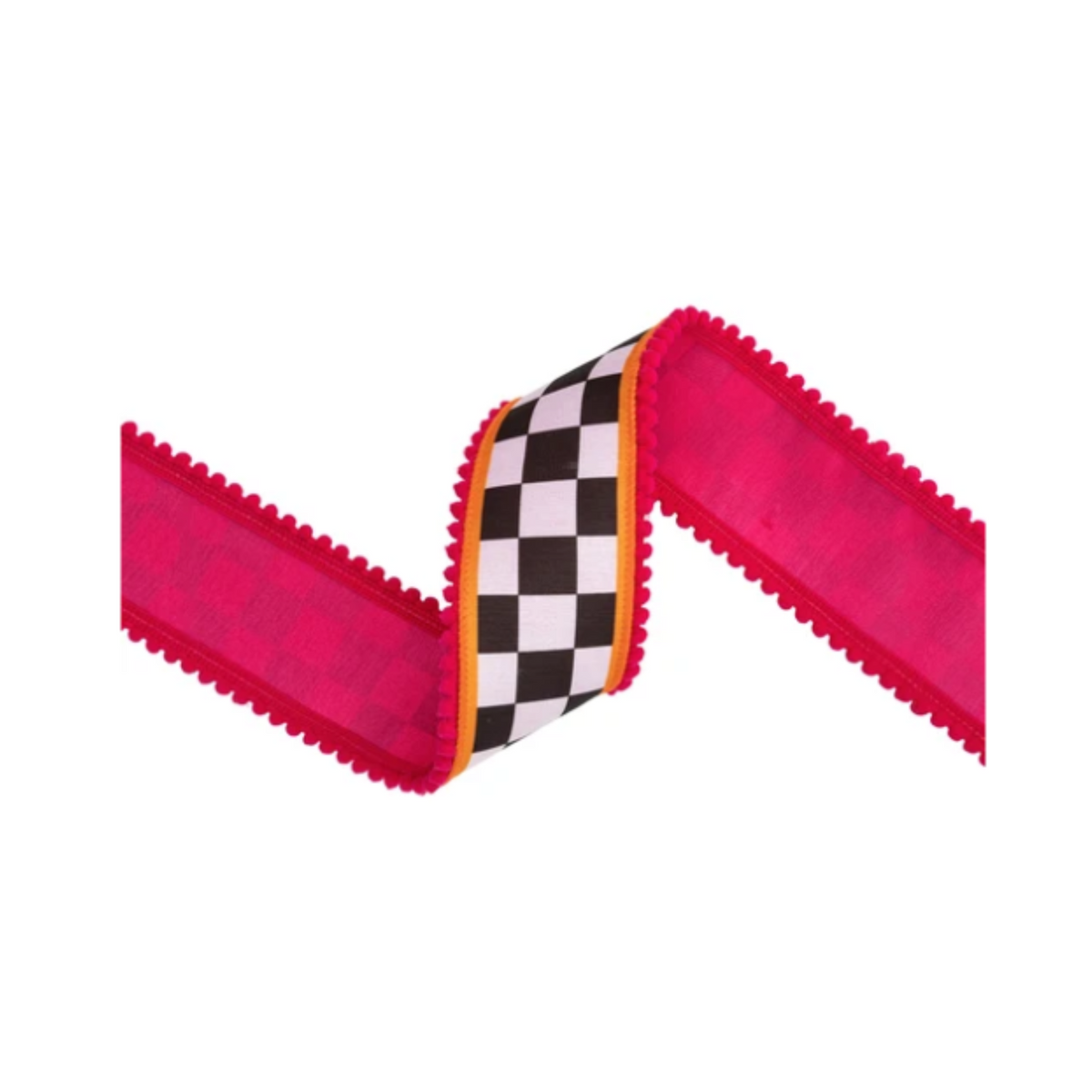 Black White Check Hot Pink Pom Pom Orange Edge Wired Ribbon – 2.5" x 10 Yards,  Wreath Ribbon