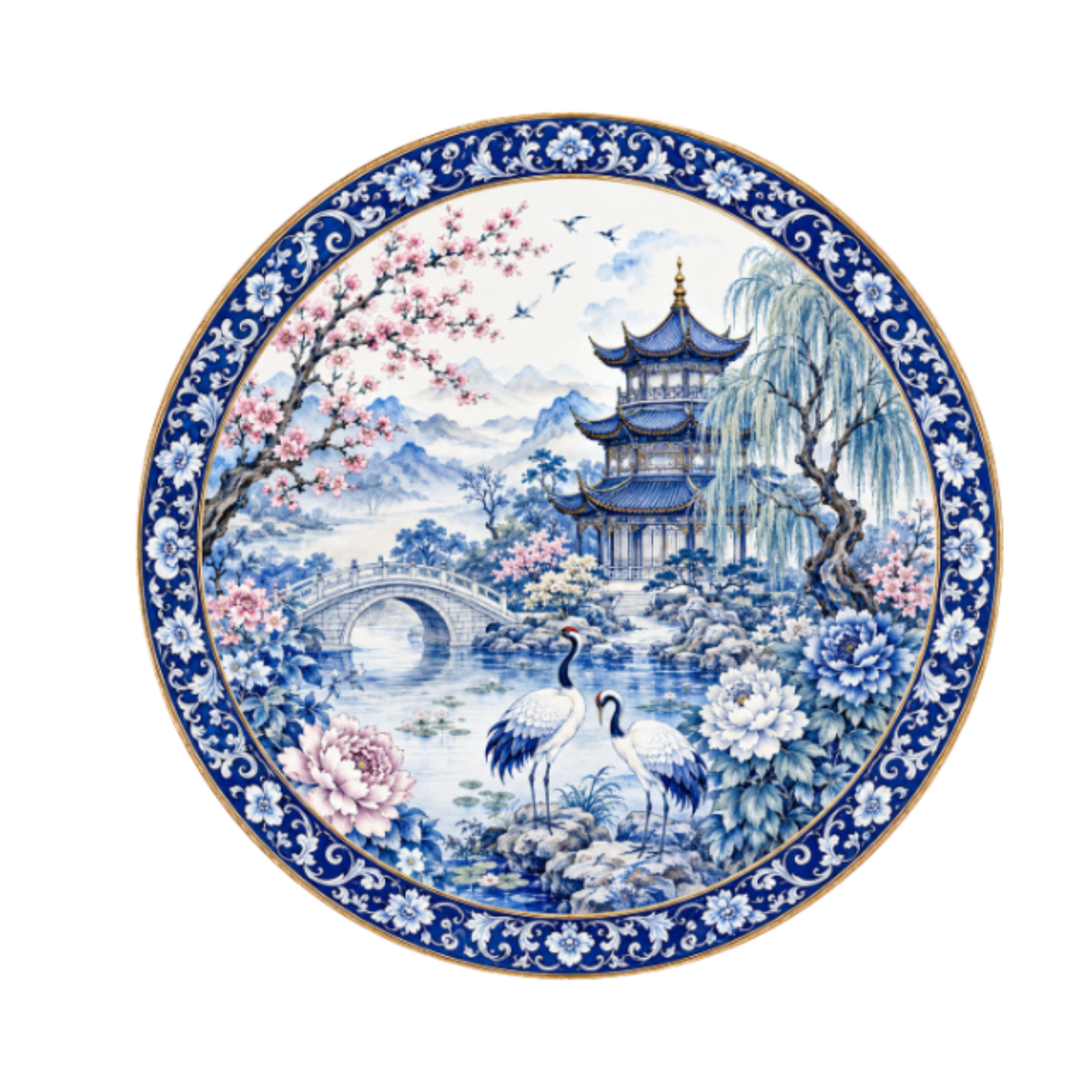 10" Blue Chinoiserie Pagoda Pond Garden Sign, Metal Wreath Sign, Home Decor