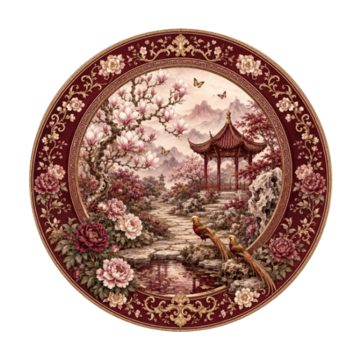 10" Maroon Chinoiserie Garden Sign, Metal Wreath Sign, Home Decor