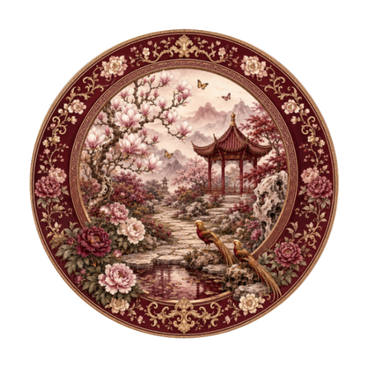 10" Maroon Chinoiserie Garden Sign, Metal Wreath Sign, Home Decor