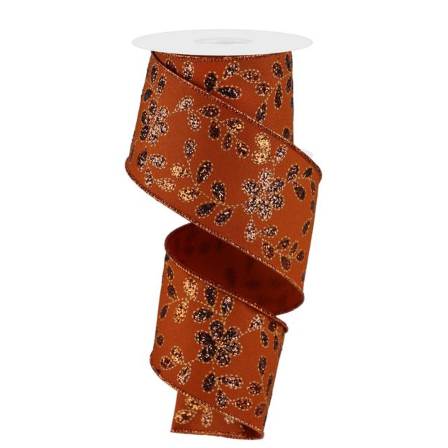 Glitter Leaves With Flowers Copper Wired Ribbon by RG Ribbon – 2.5" x 10 Yards, Wreath Ribbon, Craft Supplies, The Ritzy Cactus