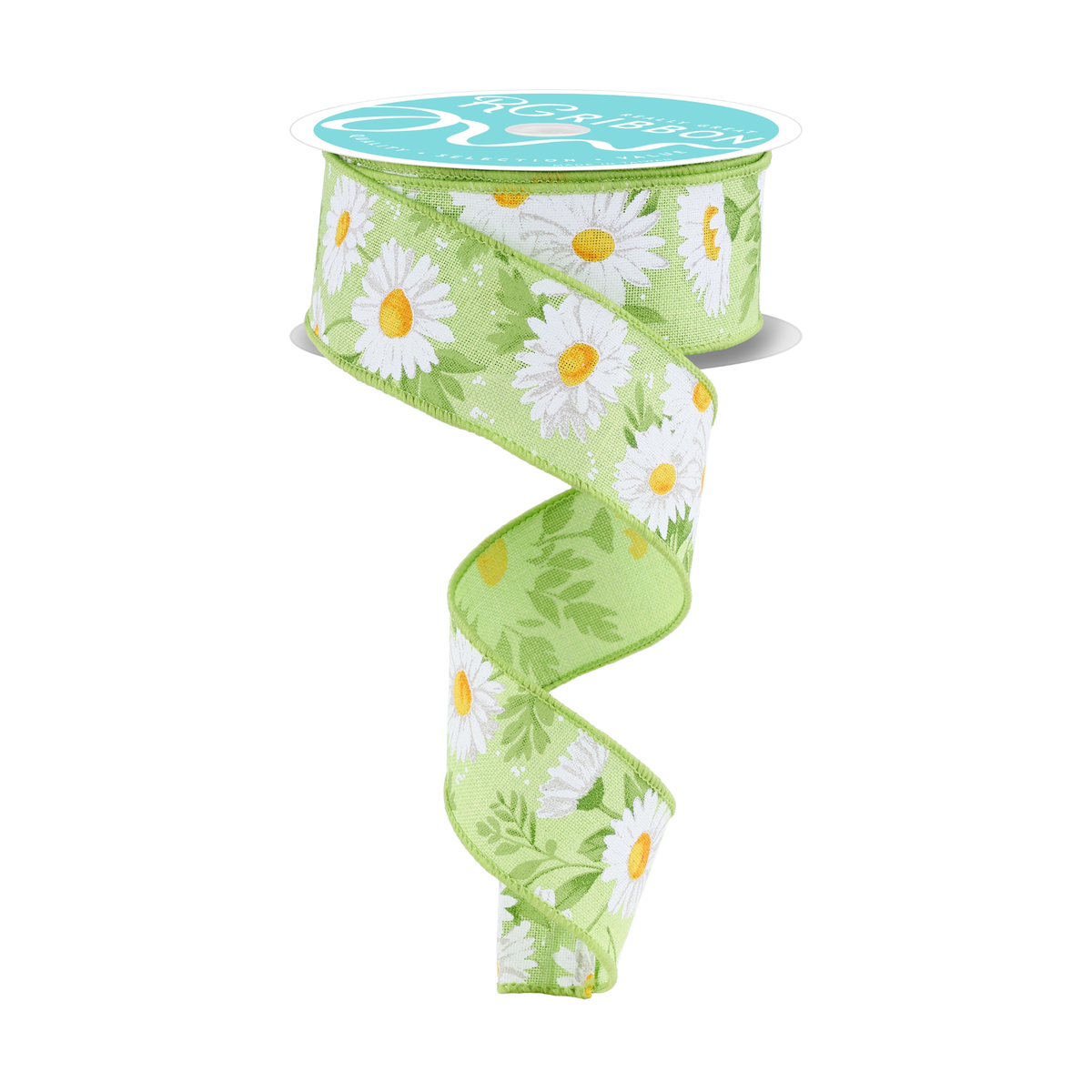 Daisies with Greenery  Wired Ribbon – 1.5" x 10 Yards, Wreath Ribbon, Craft Supplies
