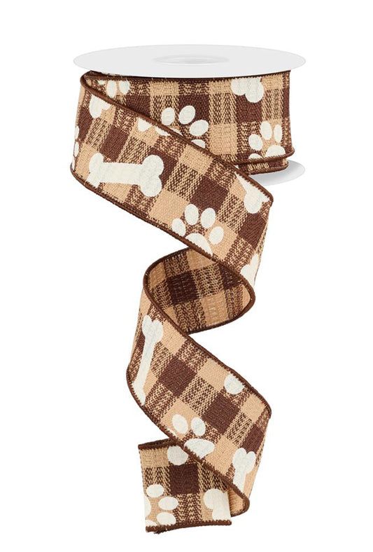 Paw Print Bones Woven Check Wired Ribbon by RG Ribbon – 1.5" x 10 Yards, Holiday Wreath Ribbon, Craft Supplies