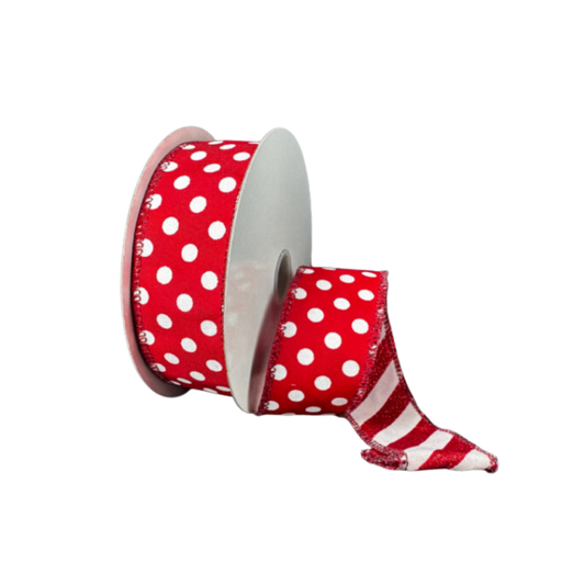 Double Sided Red Dot and Stripe – 1.5" x 10 Yards, Christmas Ribbon, Valentine Ribbon, Holiday Wreath Ribbon, Craft Supplies
