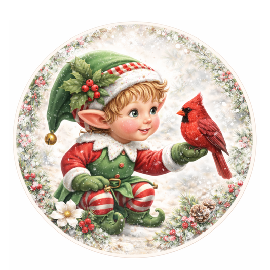 Elf Cardinal Christmas 10 inch Wreath Sign, Home Decor, The Ritzy Cactus