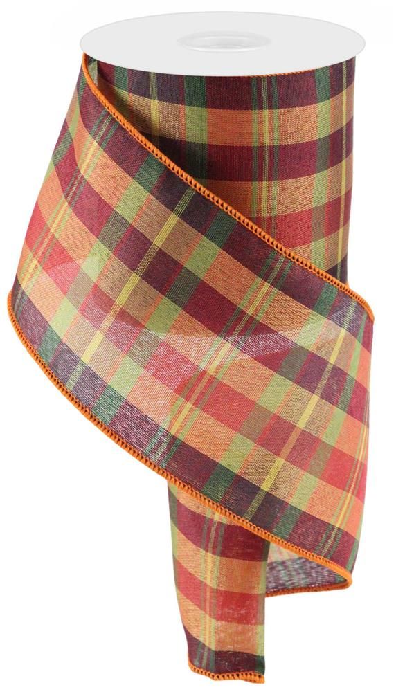 Fall Ribbon, Burgundy, Moss, Gold Rust Plaid Wired Ribbon – 4.0" x 10 Yards, Holiday Wreath Ribbon,  Craft Supplies