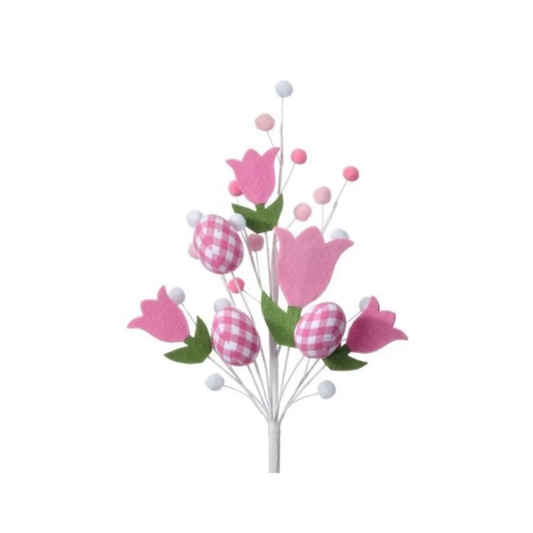 18" Pink Felt Tulip with Gingham Eggs Spray| Holiday Spring Spray | DIY Easter Decor Wreath Embellishment | Wreath Supplies