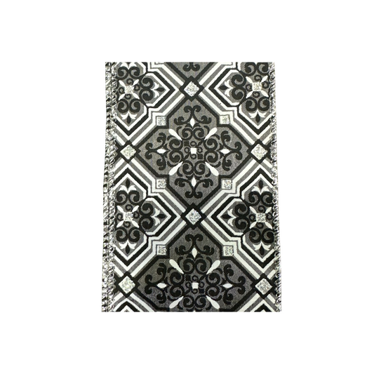 Black Silver White Geometric Wired Ribbon by JAS Ribbon – 2.5" x 10 Yards, Wreath Ribbon, Craft Supplies, The Ritzy Cactus