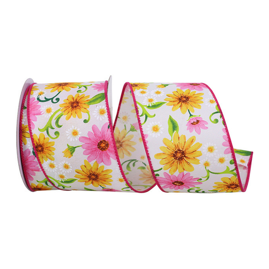Gerberas & Daisies Wired Ribbon  – 2.5" x 10 Yards, Wreath Ribbon