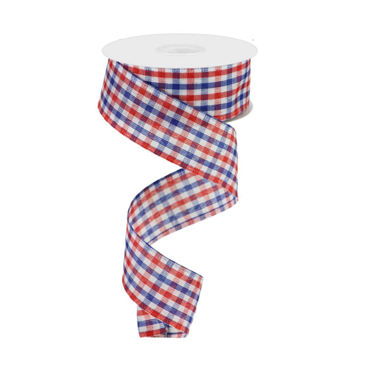 Woven Gingham Red White Blue Check by RG Ribbon – 1.5" x 10 Yards, Patriotic Wreath Ribbon, Craft Supplies