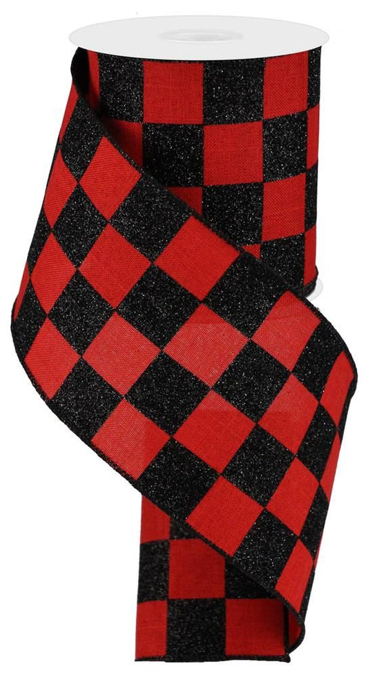 Red Black Glittered Check Wired Ribbon by RG Ribbon – 4.0" x 10 Yards, Holiday Wreath Ribbon,  Craft Supplies