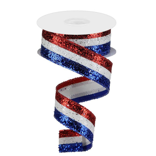 Glitter Red White Blue Patriotic Wired Ribbon by RG Ribbon – 1.5" x 10 Yards, Wreath Ribbon,  Craft Supplies, Whimsical Ribbon