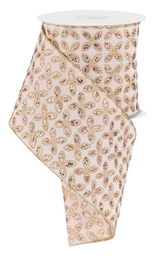 Quatrefoil Petals Gold On White Base Wired Ribbon by RG Ribbon – 4.0" x 10 Yards, Holiday Wreath Ribbon,  Craft Supplies