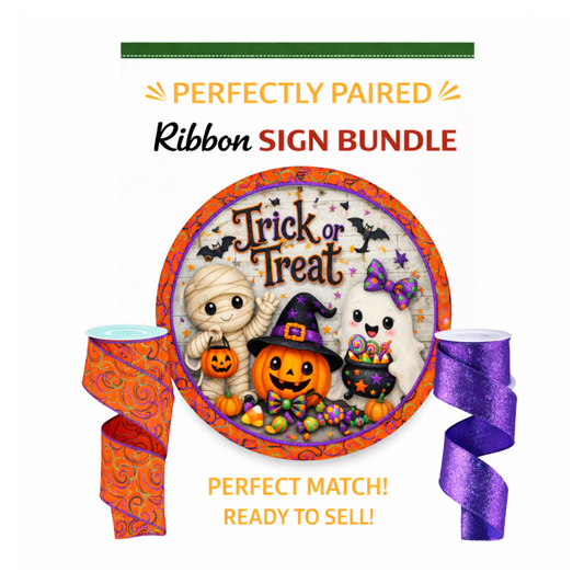 Trick Or Treat Halloween Swirls Perfectly Paired Sign + Ribbon Bundle, Metal Wreath Sign, Premium Ribbons, The Ritzy Cactus