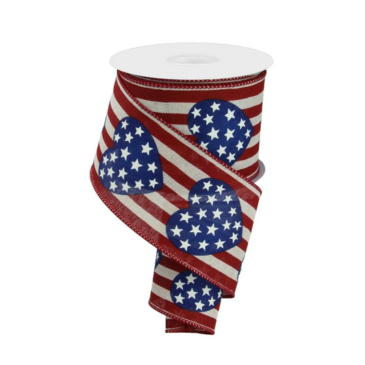 Stars and Hearts Vertical Stripe Patriotic Wired Ribbon by RG Ribbon  2.5" x 10 Yards, Summer 4th of July Military Wreath Ribbon,  Craft Supplies