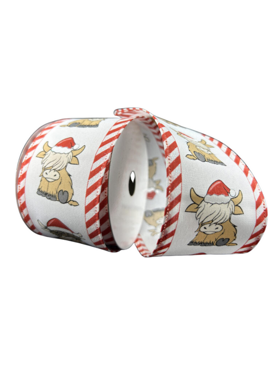 Highland Cow Peppermint Striped Ribbon – 2.5" x 10 Yards, Holiday Wreath Ribbon, Craft Supplies, Christmas Ribbon