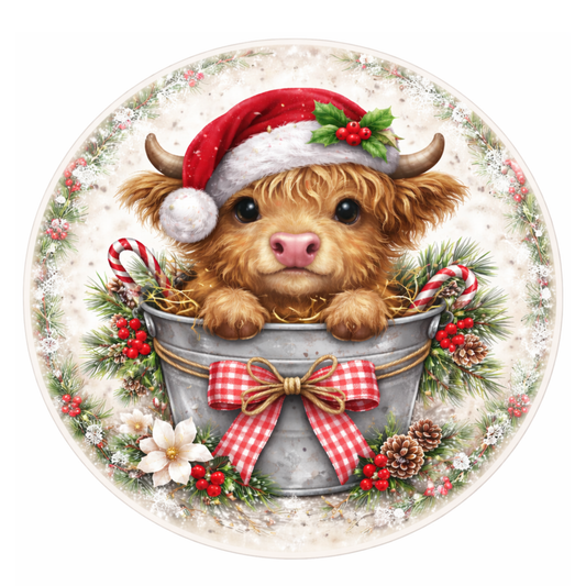 Highland Cow Bucket Christmas 10 inch Wreath Sign, Home Decor, The Ritzy Cactus