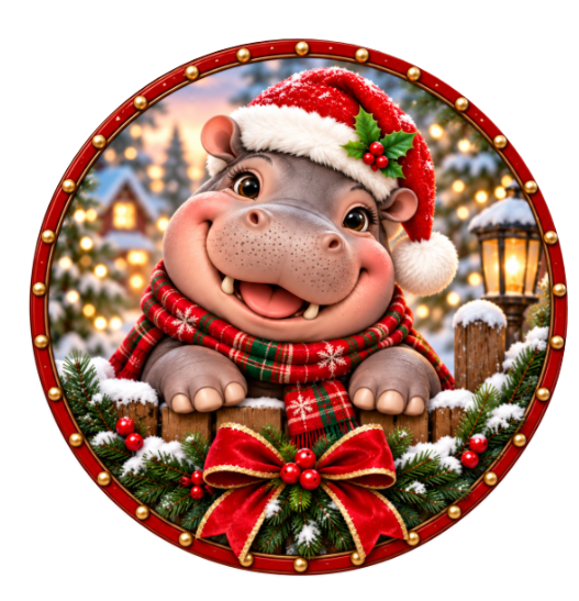 10" Holiday Hippo Wreath Metal Wreath Sign,  Christmas Wreath Sign