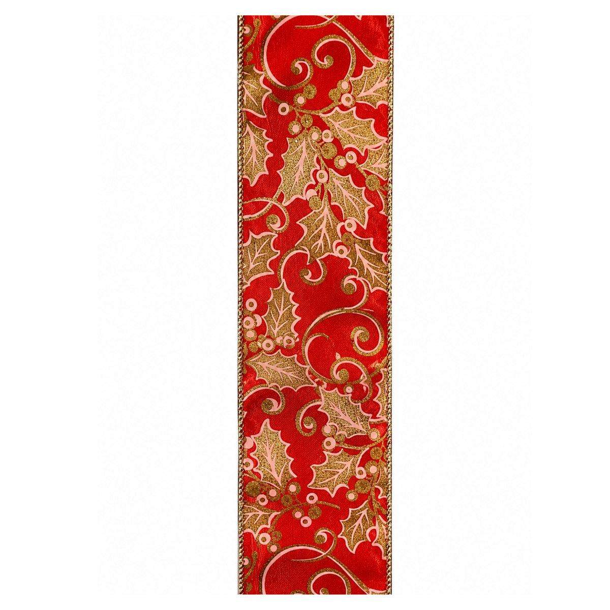 Red Gold Pink Holly Wired Ribbon  – 2.5" x 10 Yards, Wreath Ribbon