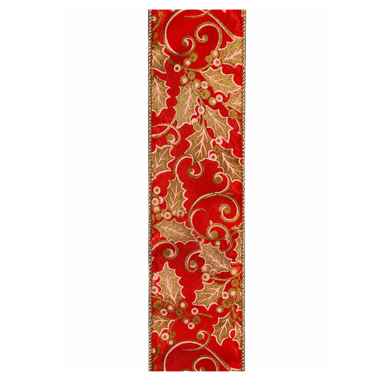 Red Gold Pink Holly Wired Ribbon  – 2.5" x 10 Yards, Wreath Ribbon