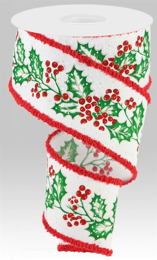 Holly Berries Snow Drift Wired Ribbon by RG Ribbon – 2.5" x 10 Yards, Holiday Wreath Ribbon,  Craft Supplies
