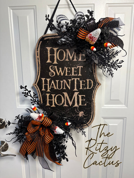 Classic Halloween Door Decor Home Sweet Haunted Home  – Cute Spooky Door Décor with Candy Corn, Halloween Wreath