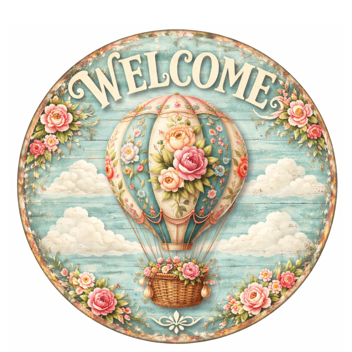 Hot Air Balloon Welcome 10 inch Wreath Sign, Home Decor, The Ritzy Cactus