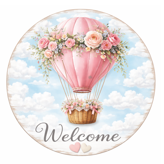 Hot Air Balloon Pink Welcome 10 inch Wreath Sign, Home Decor, The Ritzy Cactus