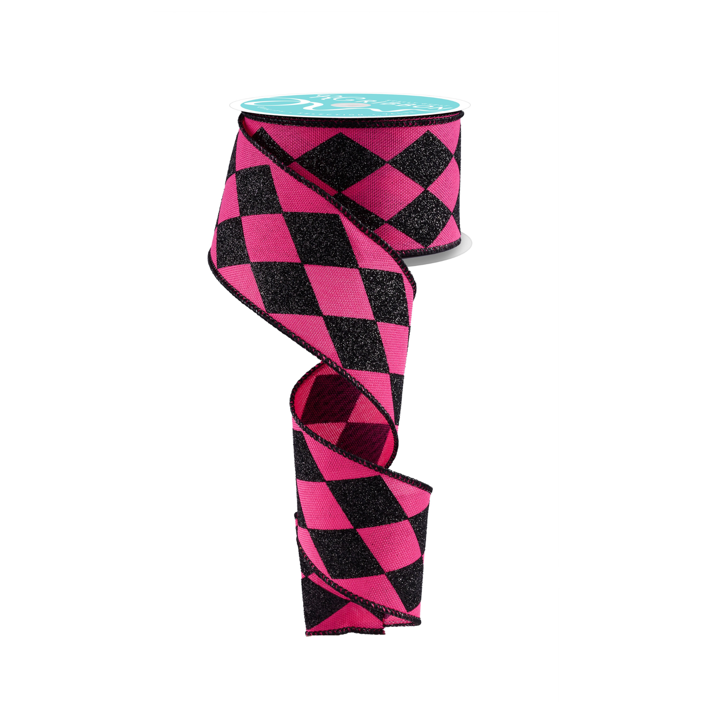Hot Pink Black Glitter Harlequin Wired Ribbon by RG Ribbon 2" x 10 Yards, Wreath Ribbon, Craft Supplies
